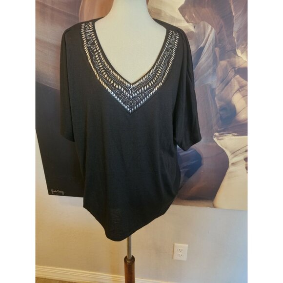 Perseption Tops - Perseption Women Black Sequined Blouse Shirt V Neck Women's 3XL
